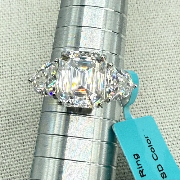 7.40 CTW Moissanite Three Stone Asscher Cut Ring 925 Silver Size 8 NWT - Picture 10 of 17